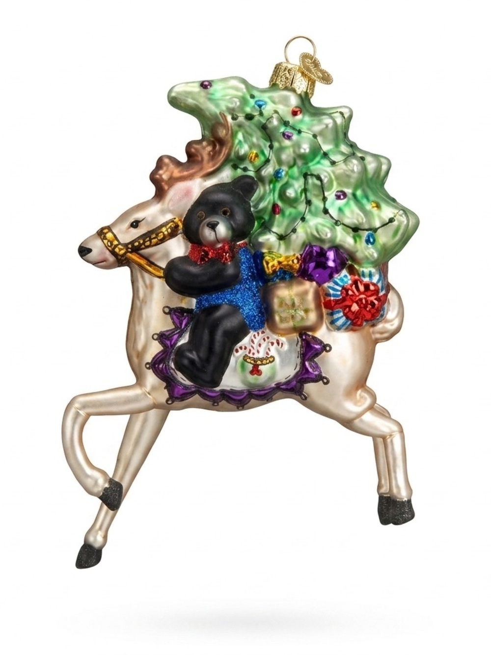 Peggy Abrams Glass Ornament – Bear on Reindeer